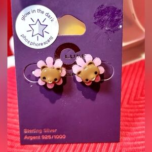 Luxe Pink Bear Flower Kids Earrings